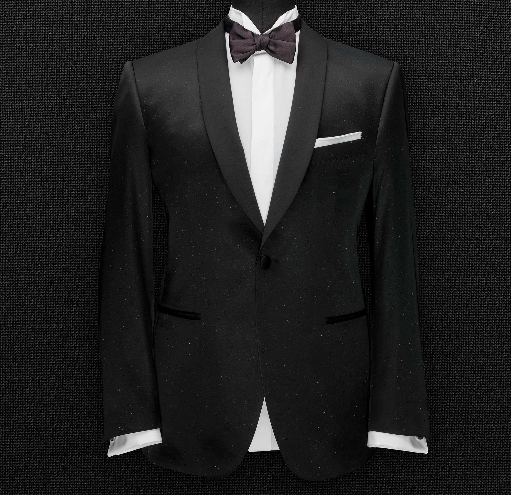 Black shawl-lapel tuxedo with a bow tie