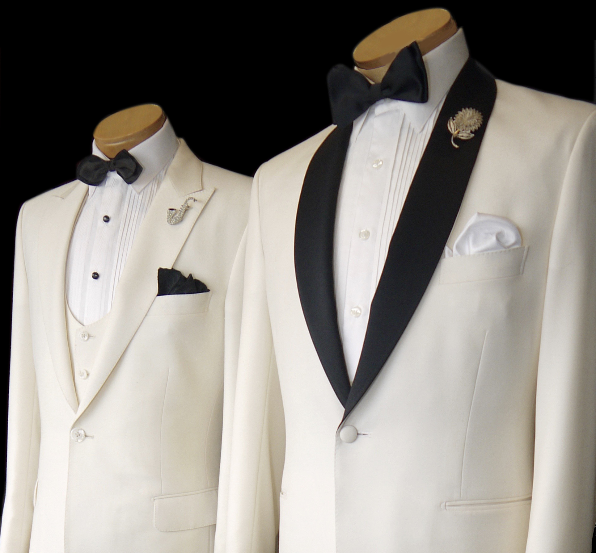 Two ivory dinner jackets with black lapels
