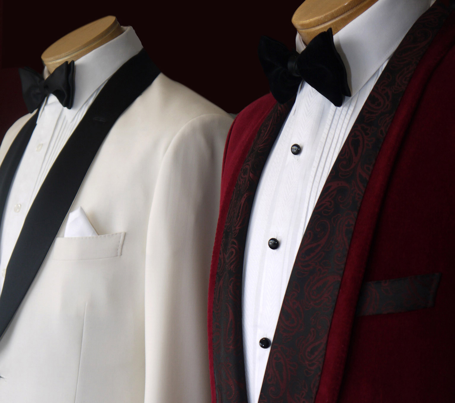 White and burgundy velvet dinner jackets