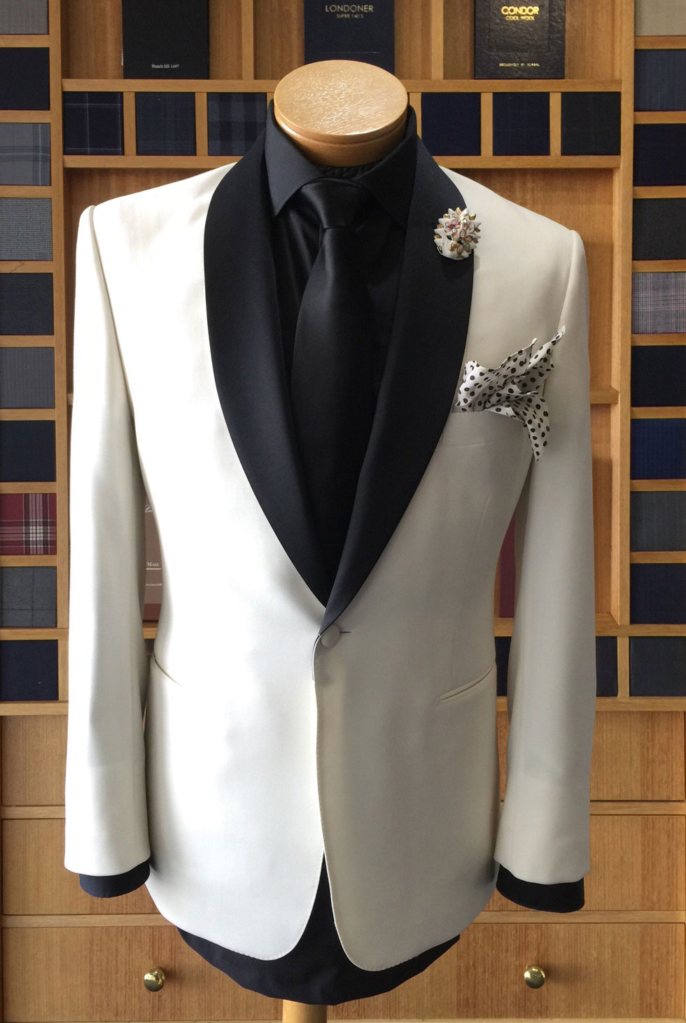White dinner jacket with a black shawl lapel