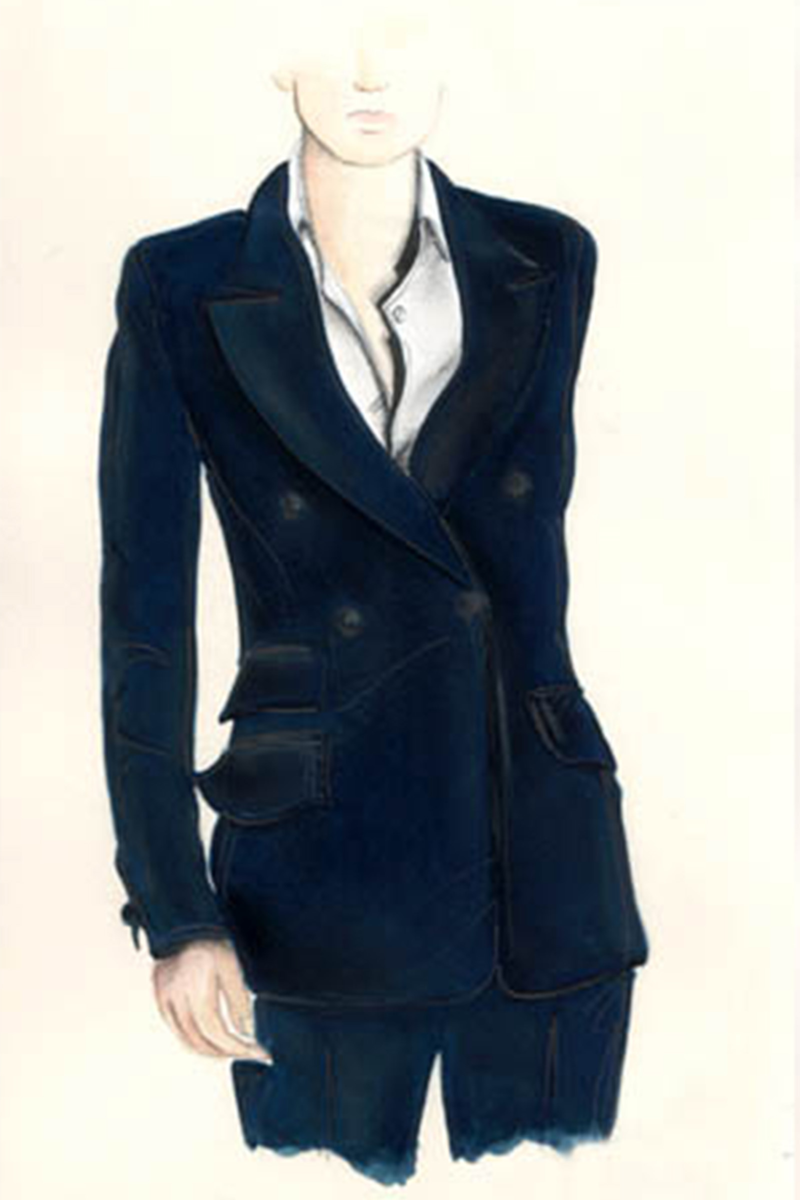 Illustration of a navy velvet double-breasted women's suit